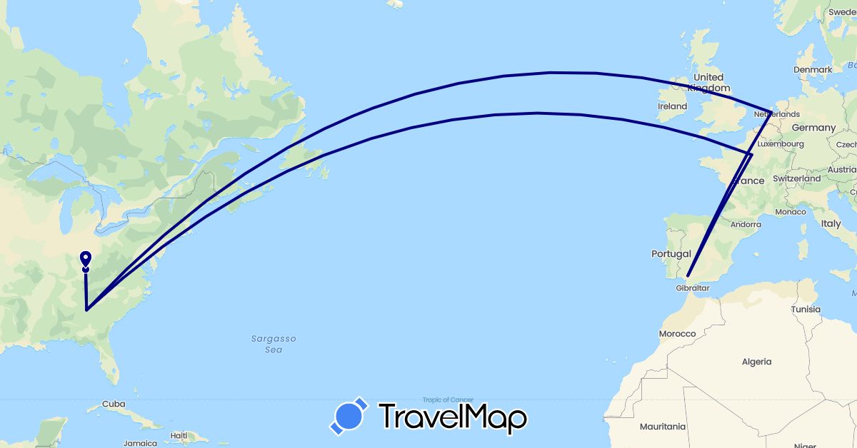 TravelMap itinerary: driving in Spain, France, Netherlands, United States (Europe, North America)
